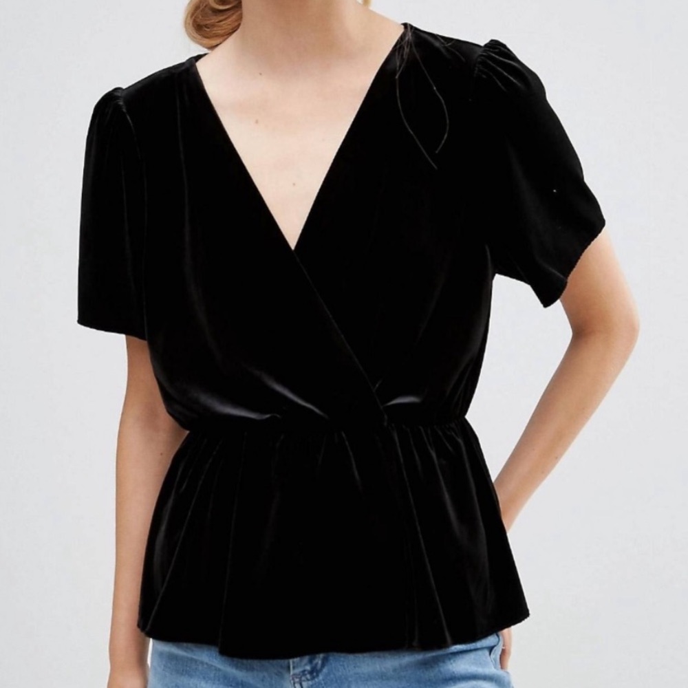 ASOS Velvet Peplum Wrap Short Sleeve Snap Closure
